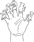 The hand contains a puppet for each of the five little pigs from the famous nursery rhyme.
