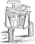 "The accompanying engraving is an illustration of a new style vertical mill in which an attempt is made to embody all the improvements which have been suggested by experience, and to furnish a complete vertical cane mill. In this machine the hearing is placed between the rolls, giving access to the boxes; the small wheels are lapped, bringing the minor rolls close together, and dispensing with the guide plate or 'dumb returner;' the main roll has a wide flange; the sweep cap has a square eye fitted to the squared end of the main shaft removable by hand; the weight of the rolls is supported upon the ends of the shafts in adjustable oil-tight boxes; the feed roll is fluted to facilitate the entrance of the cane to the mill; the top and bottom plates are diagonally braced as represent, and the construction of the whole machine is such that the mill may be taken entirely apart by simply unscrewing the corner bolts, no keys being used in any part of the machine." -Commissioner, 1865