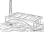 "Jacobs evaporator consists of a plain rectangular shallow pan of any convenient length and width, made with a sheet metal bottom and wooden sides. The side pieces are grooved or notched on the inner faces to receive thin board partitions or divisions, extending from side to side, and separating the pan into any convenient number of compartments. These partitions rest loosely upon the bottom, allowing the juice to flow under from one division to the other, while the scum which rises to the surface as the juice moves slowly along, is held back The division boards fit loosely in the grooves in the sides, and may be changed or removed at pleasure." -Commissioner, 1865