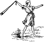 A man using a slingshot, presumably David from the Biblical story of David and Goliath.