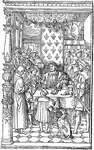 "Antoine Macault Reading his Translation of Diodorus Siculus to King Francis I. Designed by Holbein. Engraved by Geoffroy Tory?" -Cundall, 1895