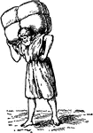 A man carrying a large bundle upon his shoulders, portraying a heavy burden.