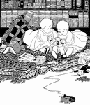 A pair of twins sitting between books on a blanket and playing with a doll.