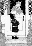 A young boy knocking on the door of an old widow. Below the illustration is a children's poem titled "Diplomacy".
