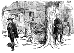 A group of people interacting in front of a house. One man is hiding behind a tree and another is walking away from an altercation between a man and woman.