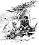 A man sitting on a log next to his dog.