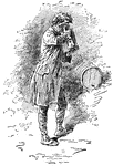An adult male drinking from a tankard with an oak barrel behind him. A tankard is a form of drinkware consisting of a large, roughly cylindrical, drinking cup with a single handle.