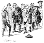 A group of adult males surrounding a ragged woodsman who is holding a gun.