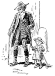 An older adult male and a young girl walking together. The young girl is holding tight to the older male's coat while the man is holding on to his cane.