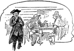 Three adult males talking around a table.