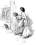 An illustration of two women peeking around the corner of a house.