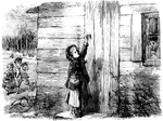 A young girl reaching for the handle of a door.