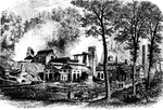 An illustration depicting iron furnaces located in Rockwood, Tennessee.