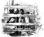 An illustration of children peeking through the slats of a wooden fence.