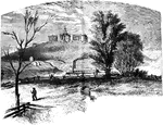 An illustration of a college set upon a hill in Knoxville, TN and a paddle boat.