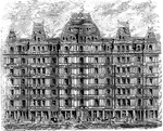 An illustration of a proposed apartment house in New York City. "As a people we set a high value on domestic life; we venerate the hearthstone: yet here we are herded in hotels and boarding-houses where privacy is all but unknown and home-making impossible..." -Holland, 1874