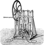 This figure consists of three pumps, the piston rods of which are jointed to three cranks on a horizontal axle, by means of three connecting rods.