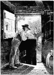 An adult male leaning on the bottom of a Dutch door standing at the entrance of a barn.
