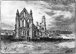 Whitby Abbey is a ruined Benedictine abbey sited on Whitby's East Cliff in North Yorkshire on the northeast coast of England. It was founded in 657 AD by the Anglo-Saxon King of Northumbria, Oswy as Streoneshalh.