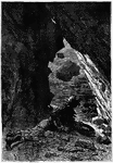 An illustration of a man hiding in a cave which a storm churns outside.
