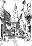 This image depicts citizens along a narrow road in Spain. A woman rests in chair while donkeys walk on the other side of the road.