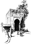 This image depicts a man and a donkey walking under The Tower of Justice, the original entrance gate to the Alhambra. The Alhambra is a fortress in Granada, Spain that was built in 1348 by Yusuf I.