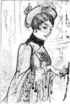 An adult woman dressed in Victorian era clothing holding a book.