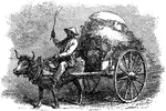 An illustration of a man riding a cart filled with straw.