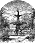An illustration of a large fountain located in Forsyth Park in Savannah, Georgia. Forsyth Park is a large city park that occupies 30 acres in the historic district of Savannah, Georgia. The park was originally created in the 1840s on 10 acres of land donated by William Hodgson. In 1851, the park was expanded and named for Georgia Governor John Forsyth. At the north end of the park is a large, majestic fountain that was added in 1858.
