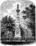 An illustration of the Pulanski monument located in Savannah, Georgia. Pulaski was laid out in 1837 and is named for General Casimir Pulaski, a Polish-born Revolutionary War hero who died of wounds received in the Siege of Savannah (1776). It is one of the few squares without a monument -- General Pulaski's statues is actually in nearby Monterey Square.