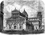 An illustration of the Cathedral at Pisa located in Pisa, Italy. In the distance on the right side the Leaning Tower of Pisa is noticeable.
