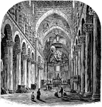 An illustration of the interior of the Cathedral at Pisa located in Pisa, Italy.