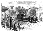 An illustration of a stagecoach going through a town.