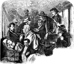 A group of both adults and children traveling on a train in 1874.