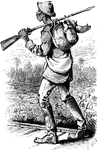 An illustration of a man walking along a road with his rifle slung over his shoulder and his bag hanging from the barrel.