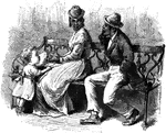 An illustration of a man and woman sitting on a bench with a young child at their feet.