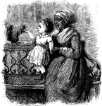 An illustration of a African American woman holding a Caucasian child while sitting on a bench.