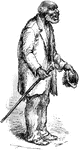 An illustration of an elderly man holding his cane in one hand and his hat in the other.