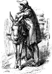 An illustration of an elderly man resting on the back of his mule.