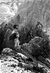 An illustration of a group of men hiking along the cliff of a crater.