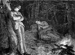 An illustration of a man leaning against a tree watching the fire as a woman sleeps resting against a rock.