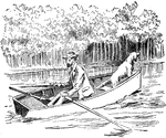 An illustration of a man and a dog traveling in a canoe.