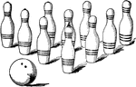 An illustration of bowling pins and a bowling ball.