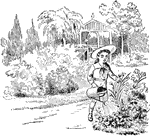 An illustration of a small girl water flowers in a large garden.