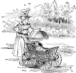 An illustration of a small girl walking her doll around the garden in a doll carriage.