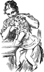 An illustration of a mother washing a child's face while the child plays in the bowl of water.