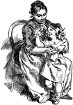 An illustration of a mother dressing her daughter while her child shows her a small toy.