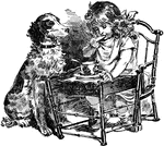 An illustration of a girl eating at a small table with her dog by her side.