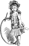 An illustration of a girl holding a hoop and stick. Hoop Rolling, often called hoop and stick, is a child's game in which a large, hoop, made of wood, metal or plastic, is rolled along by means of a stick.
