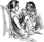 An illustration of a mother holding her daughter while sitting in a chair.